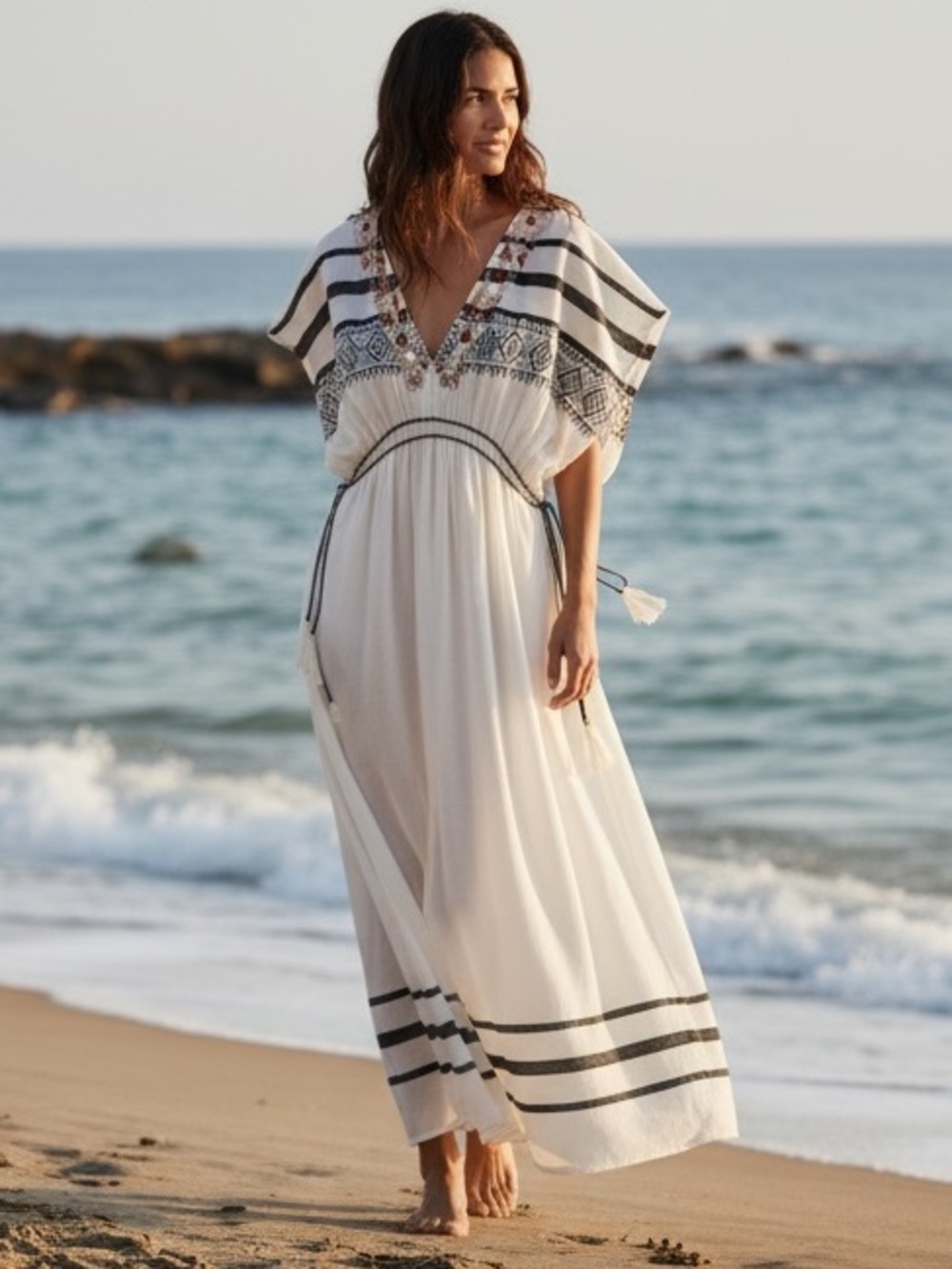 ZARA New Kaftan Maxi Beach Dress Oversized Flowing V-neck Beaded  Embellishment - Picture 9 of 11